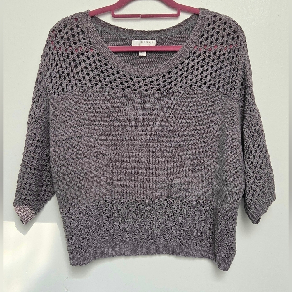 Kenar Women's Gray Textured Knit Boxy Blouse Sz XL Sweater Cotton Blend